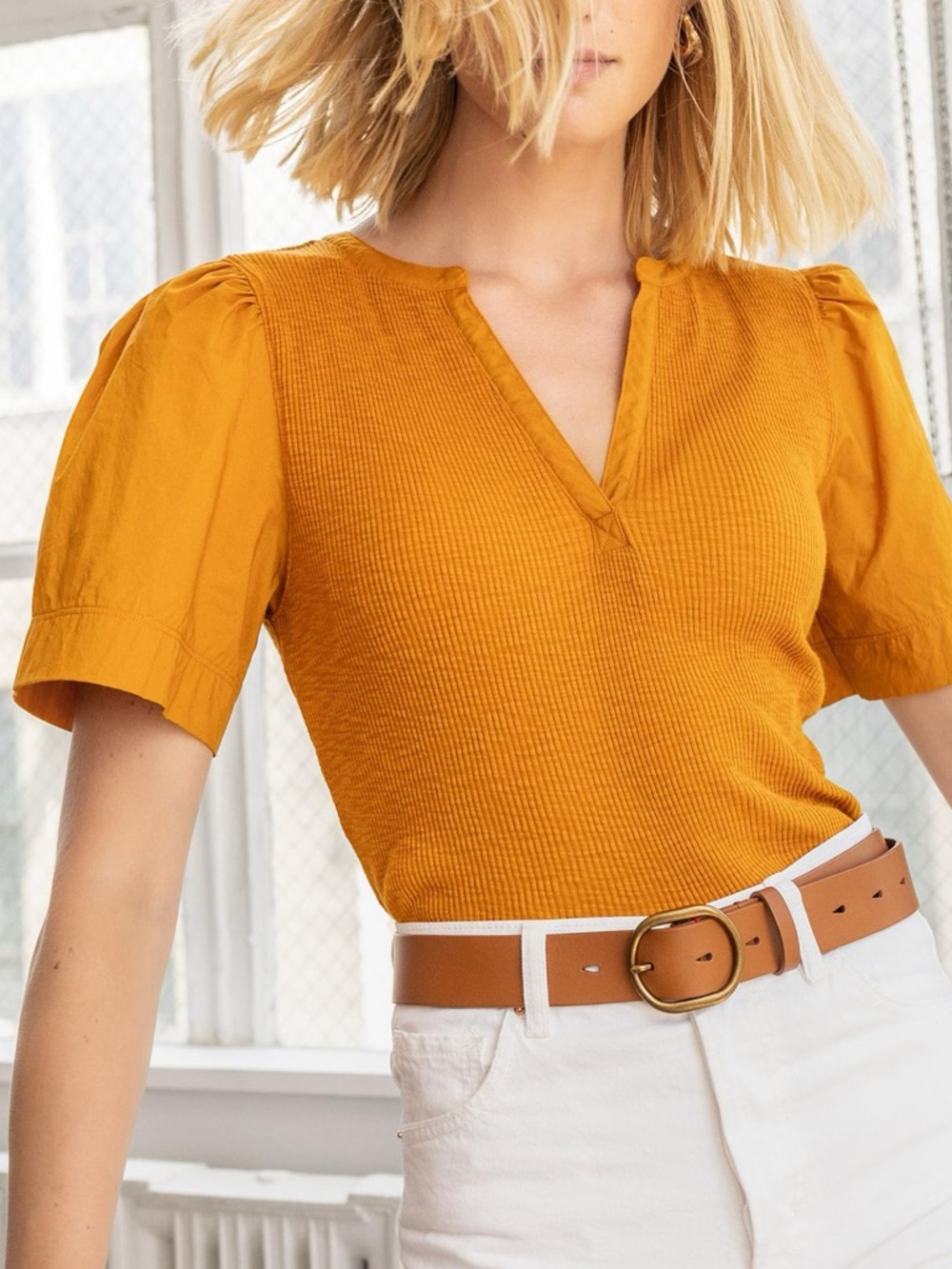 Lilla P Woven Sleeve Split Neck Top